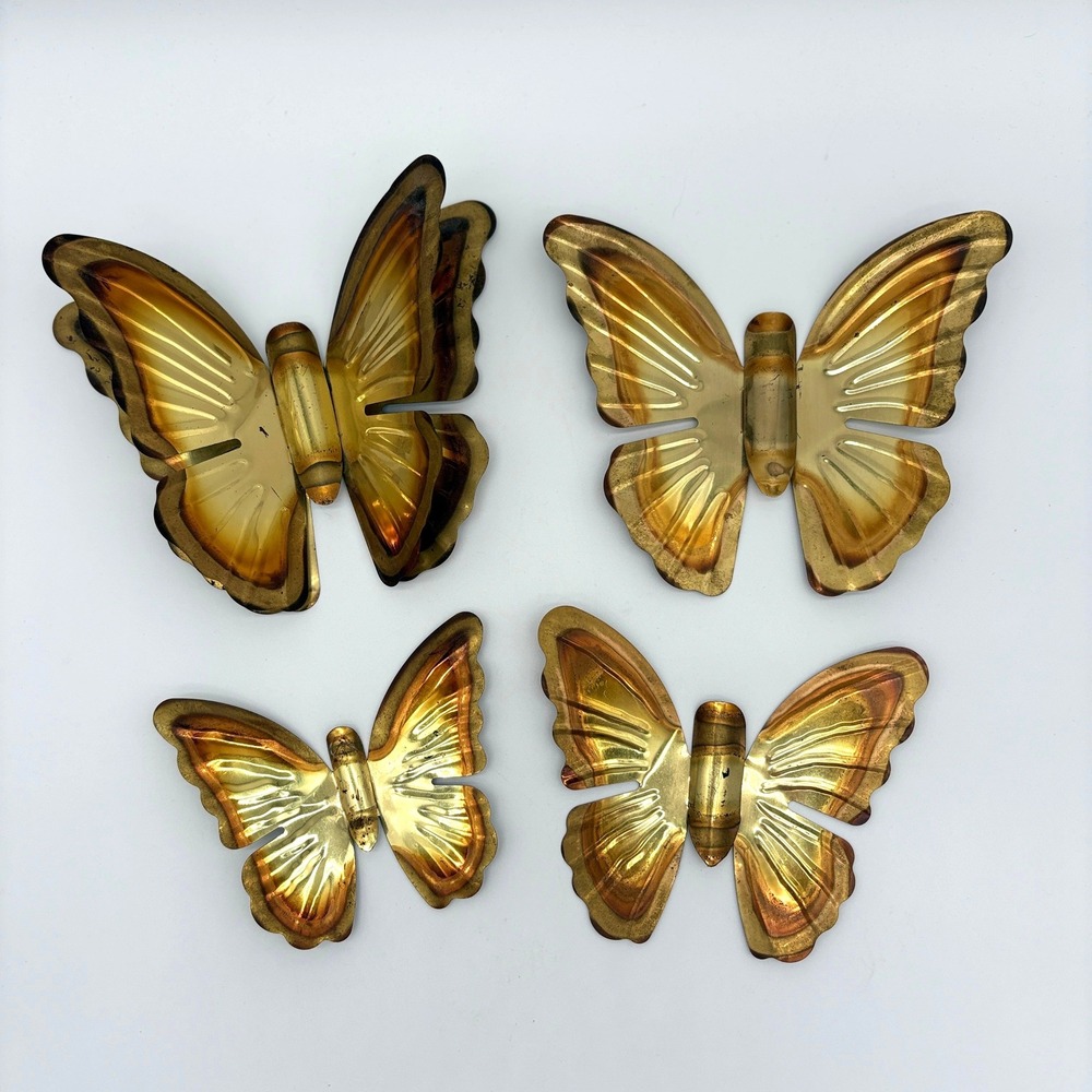 Vintage Brass Metal Butterfly Wall Art Set Mid Century Modern 3D Gold Decor 4pc